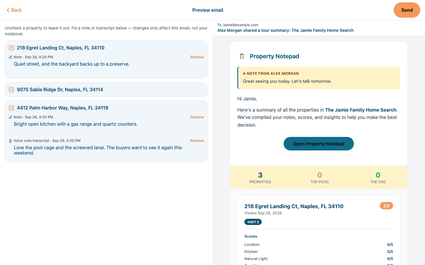 Property Notepad's email preview: editing controls on the left and the exact tour summary email on the right