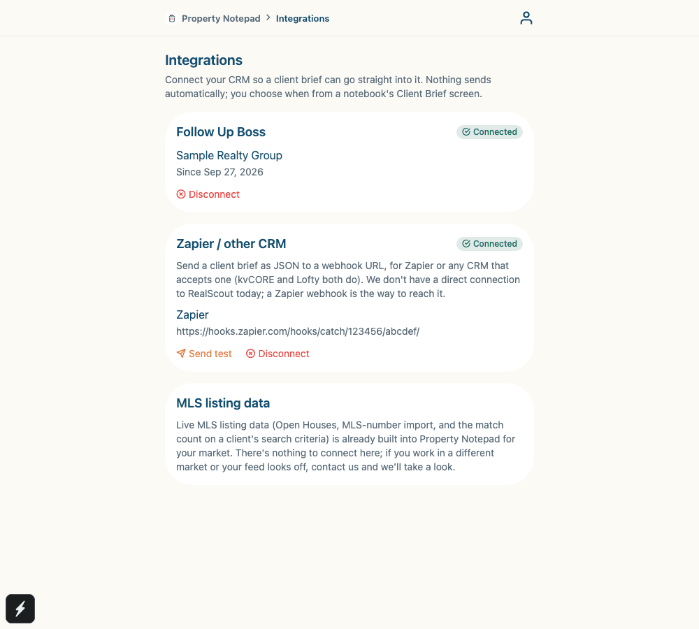 Property Notepad's Integrations page, showing Follow Up Boss and a Zapier webhook both connected